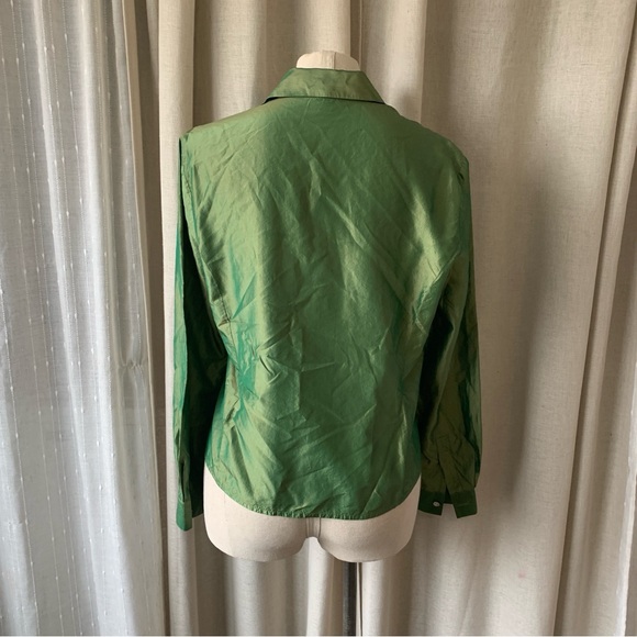 OLSEN SILK GREEN GOLD BUTTON DOWN BLOUSE S10 - Picture 7 of 8